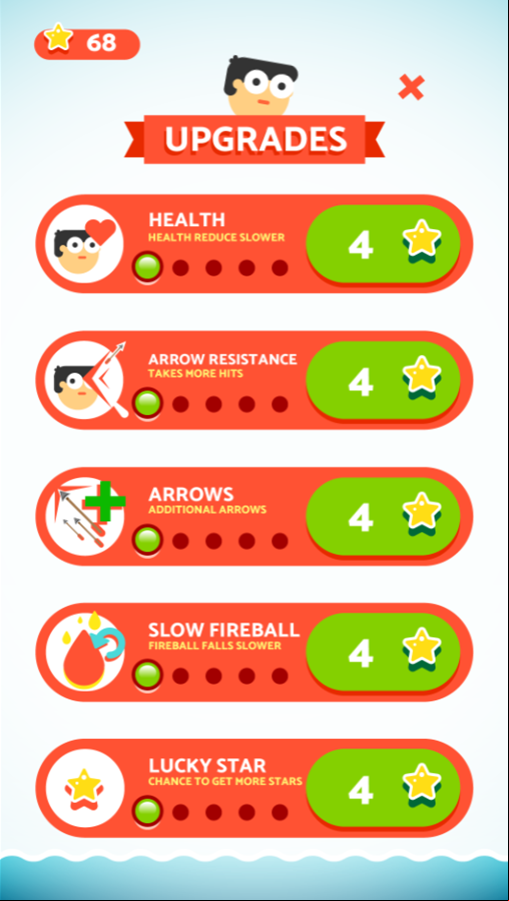 Arrow Shooter Game Upgrades Screen Screenshot.