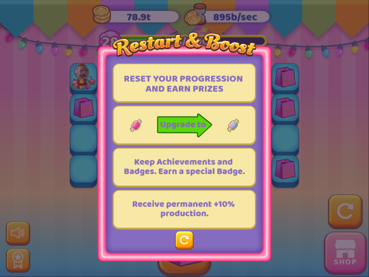 Candy Shop Merge Game Restart and Boost Screen Screenshot.