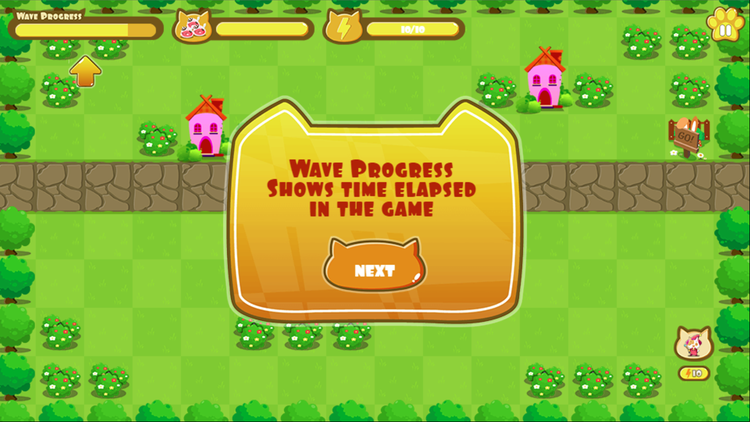 Cat Wizard Defense Game Wave Progress Meter Instructions Screen Screenshot.