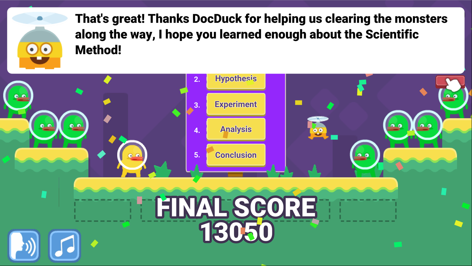 DocDuck Scientific Method Game Over Screen Screenshot.