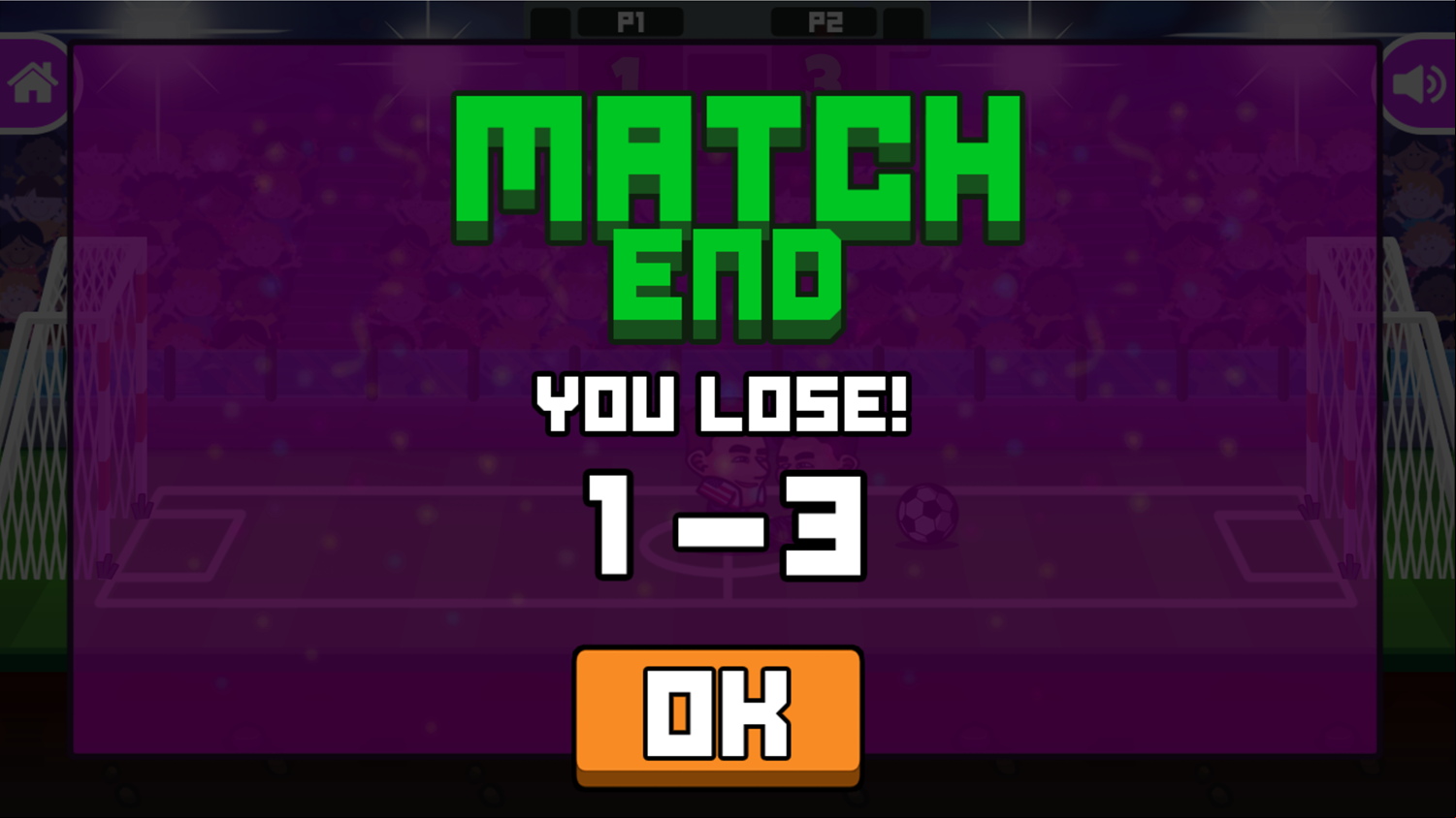 Head Soccer Game Match Lost Screen Screenshot.