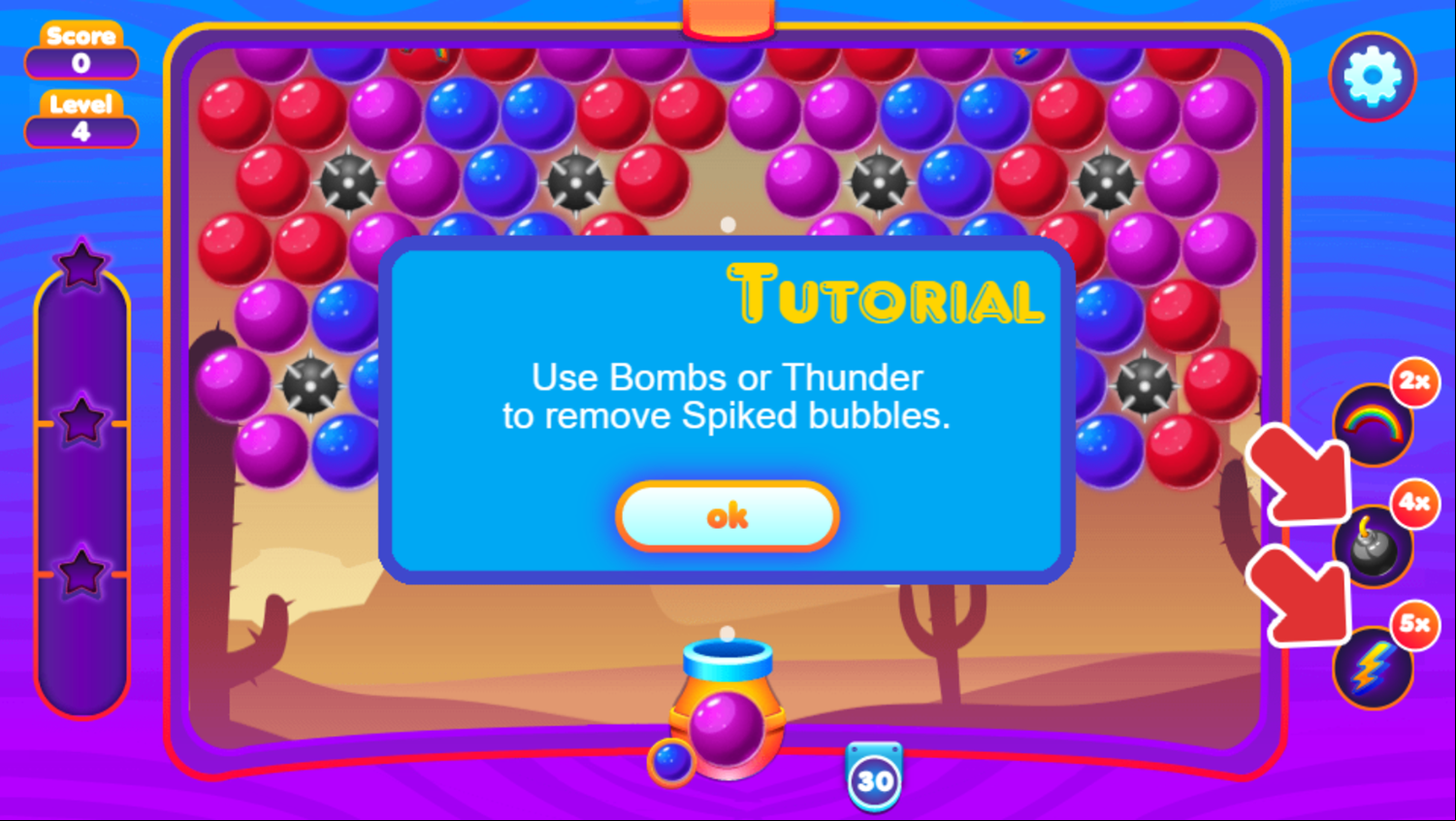 Super Bubble Shooter Game Remove Spiked Bubbles Tutorial Screen Screenshot.
