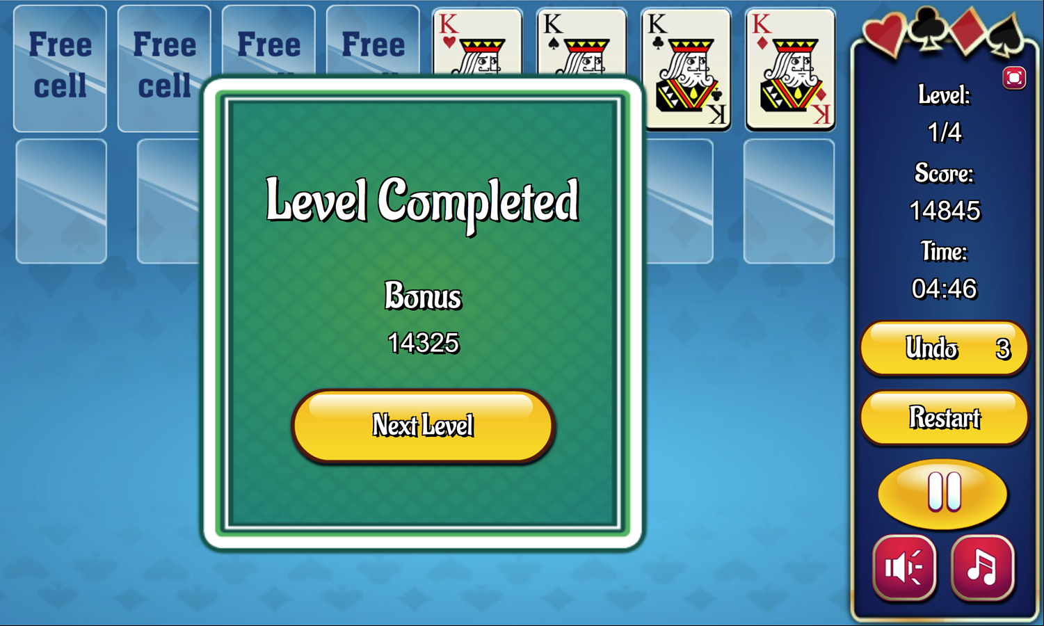 Yukon Freecell Game Level Completed Screen Screenshot.